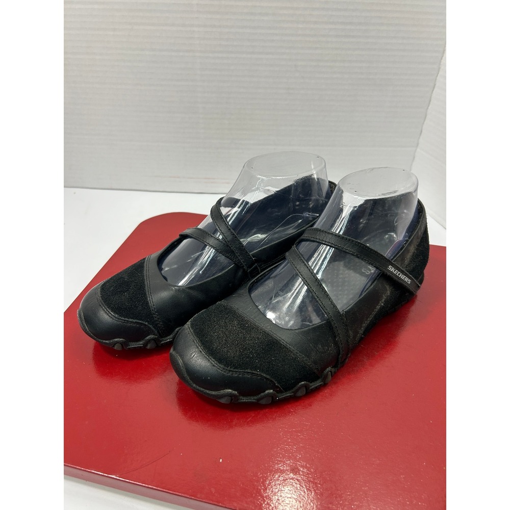 Skechers Mary Jane Flats 6.5 Black Leather Suede Crisscross Strap Y2K Style
